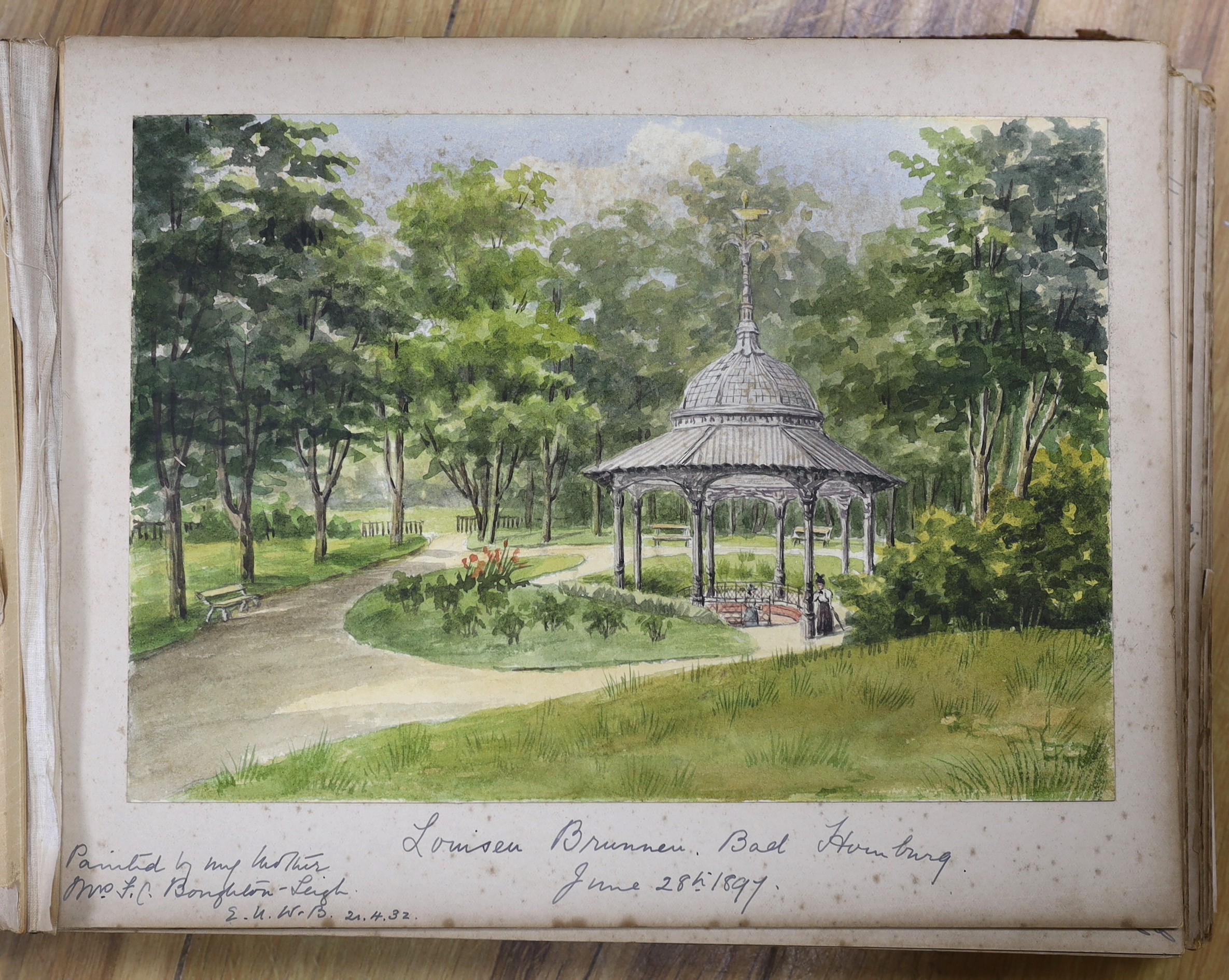 A Victorian album of watercolour sketches and drawings, the property of The Reverend Waller-Bridge, including Etchingham Rectory, Sussex 1895, Views of Hamburg, botanical sketches and general views from travels in Great